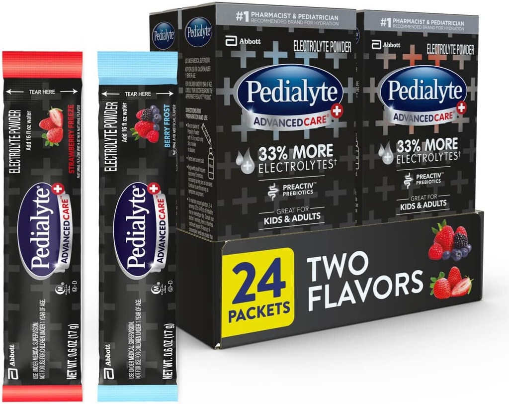 Pedialyte AdvancedCare Plus Electrolyte Powder, Tem 33% mais Eletrolitos e Prebióticos Pré-Activ, Pacote Variedade: Gelado Berry e Strawberry Freeze, 24 pacotes de pó