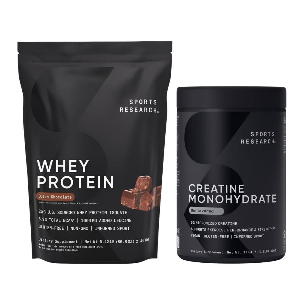 Sports Research® Creatine Monohydrate (1.1 LBS) and Dutch Chocolate Whey Protein (5.42 LBS), The Dynamic Duo for Lean Muscle Building, Improved Performance and Strength & Workout Recovery