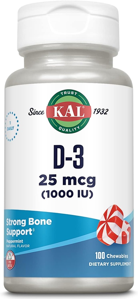 KAL vitamina D3 1000 IU 25 mcg, Vitamina D Chewables, Absorción de calcio, Saúde ósea e Suplemento Inmune, Natural Peppermint Flavor, Docedo con Xylitol, 100 Servidos, 100 Chews