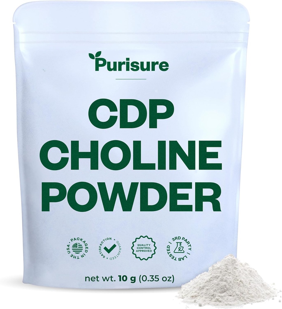 Purisure CDP Choline Powder, 10g, CDP Choline Supplements That Support Attention, Focus, and Energy, Citicoline Powder for Cognitive Function, incrementa a motivación e a produtividade, 40 servizos