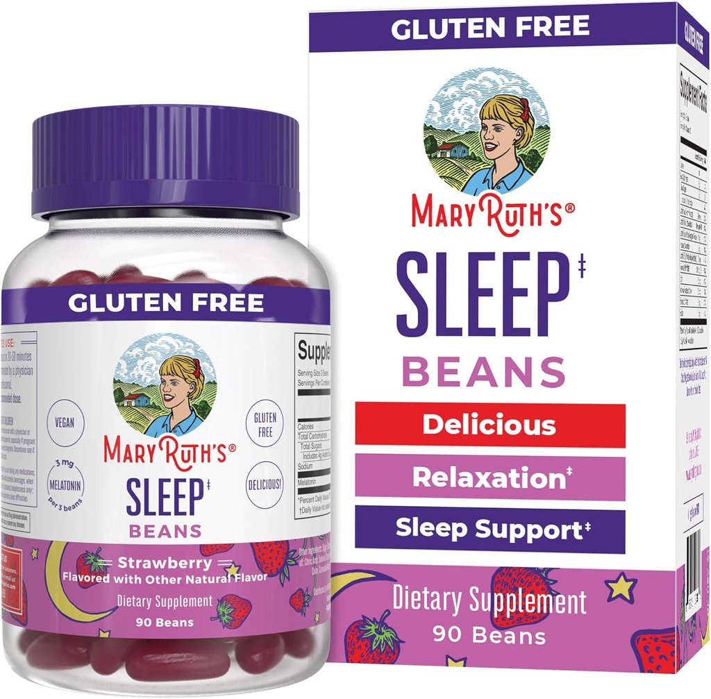 MaryRuth Organics Melatonin Vita-Beans pieaugušajiem; Relaksācija un Miega atbalsts laikmetiem 14; Vegan; Ne-ĢMO; Bez glutēna; 90