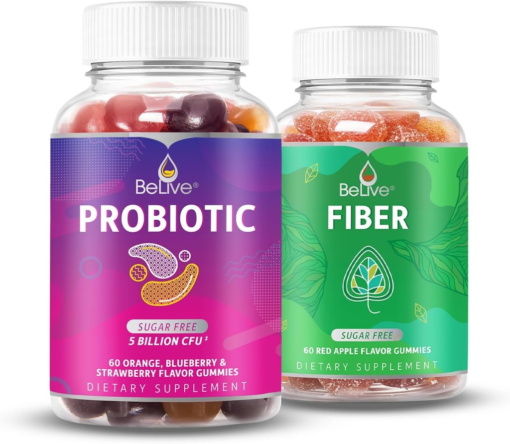BeLive Digestive Bundle Probiotic și Gummies Fibra pentru Digestive și Sănătate Gut, Sugar Free, Vegan