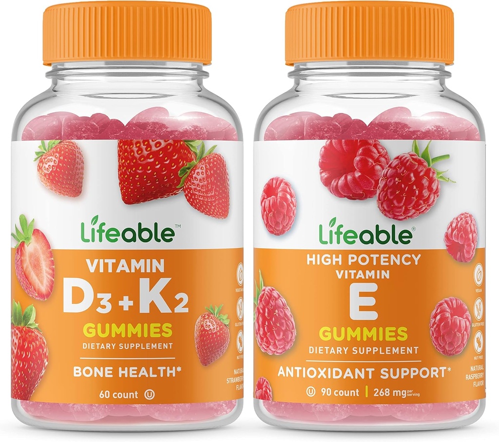 Livlig vitamin D3 + Vitamin K2 + Vitamin E, Gummies Bundle - Great Tasting, Vitamin Supplement, Gluten Free, GMO Free, Chewable Gummy