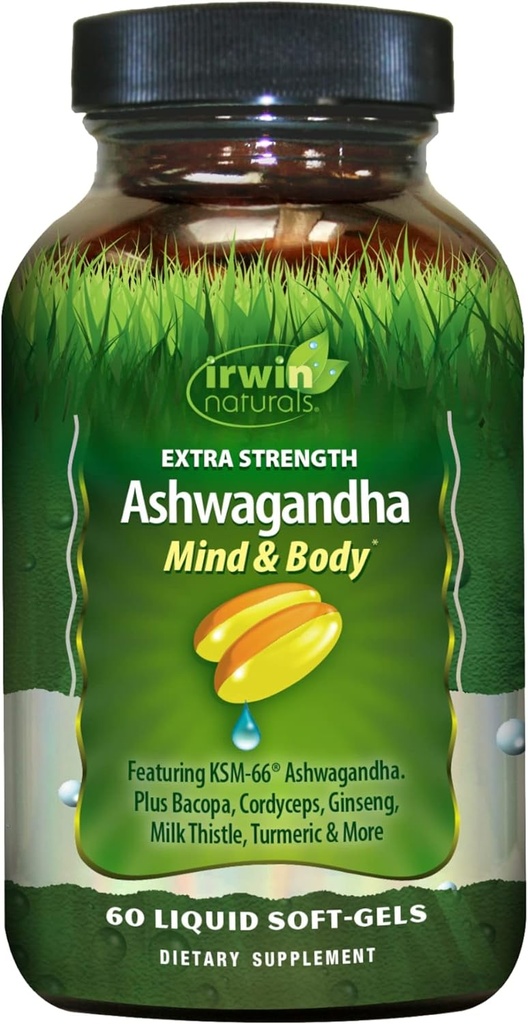 Irwin Naturals Extra Indarra Ashwagandha Mind & Body Adaptogenic Herbs-ek Stress Response, Mood, Mental eta Fisikoa onartzen du Cordyceps, Turmeric, BioPerine & More - 60 Liquid Softgels