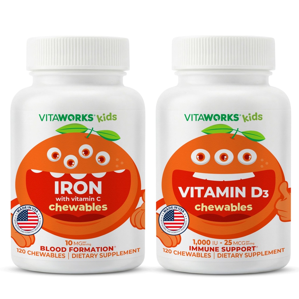 Kids Iron 10mg + Vitamin C Chewables + Vitamin D3 1000 IU Chewables Bundle