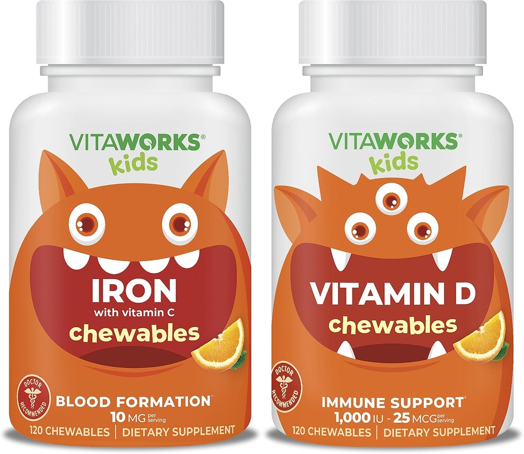 Kids Iron 10mg + Vitamina C Chewables + Vitamina D3 1000 IU Chewables Bundle