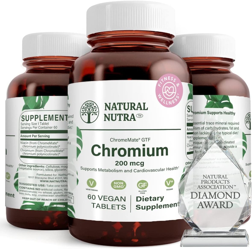 Natural Nutra GTF Chromium Polynicotinate med ChromeMate, stöder kroppsmetabolism, främja kroppshälsa, kardiovaskulär hälsa 200 mcg, 60 Vegan tabletter