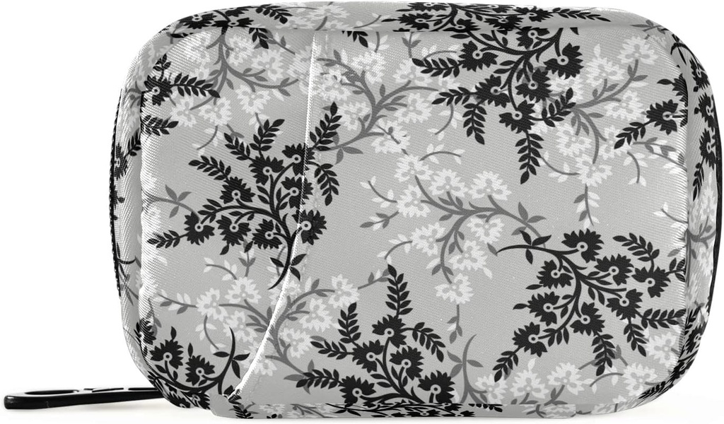 Xigua Pill Organizer 7-дневна кутия с хапчета за пътуване Bag Black & Grey Small Flowers Pattern Daily Pill Case with Zipper Portable Подходяща, Vitamin Доплащане Притежател