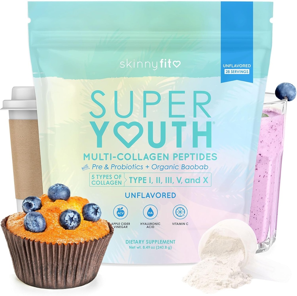 SkinnyFit - Super Youth Collagen for Women - Multi Collagen Peptides Powder - Probiotics, Fiber, Hyaluronic Acid - Non GMO, Gluten Free, Sugar Free - Beauty & Self Care - Unflavored (28 zerbitzatu)