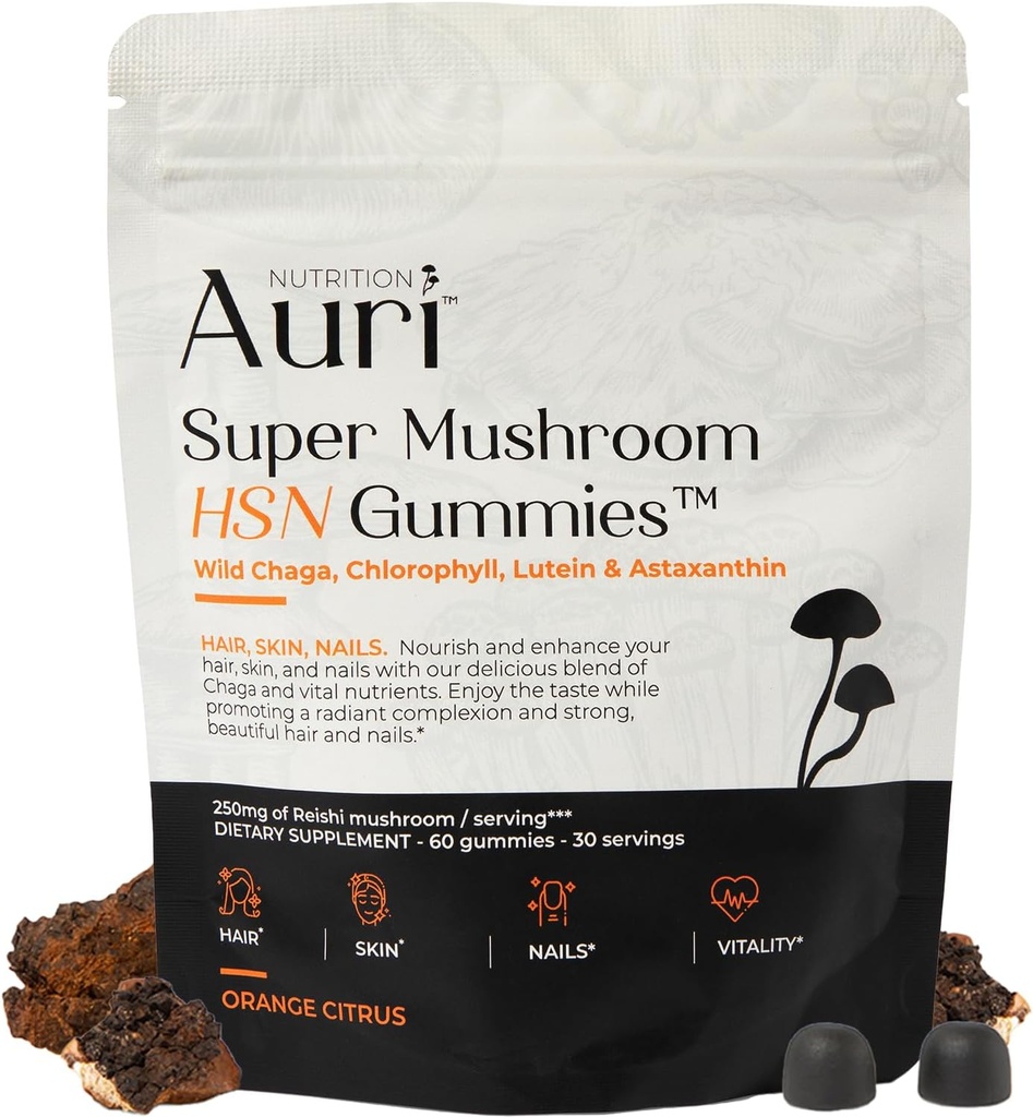 Auri Super Mushroom HSN Gummies - Rambut Skin dan Nails Gummies Functional Jamur Suplemen - dengan Wild Chaga, Chlorophyll, Lutein dan Astaxanthin - 60 Orange Citrus Gummies