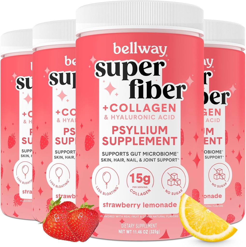 Bellway Super Fiber Powder + Collagen (4 Pack), Sugar-Free Psyllium Husk Pulver med Collagen Peptides för Gut Health, Healthy Skin, Nails, Bones & Joints, Strawberry Lemonade (45,84 oz)