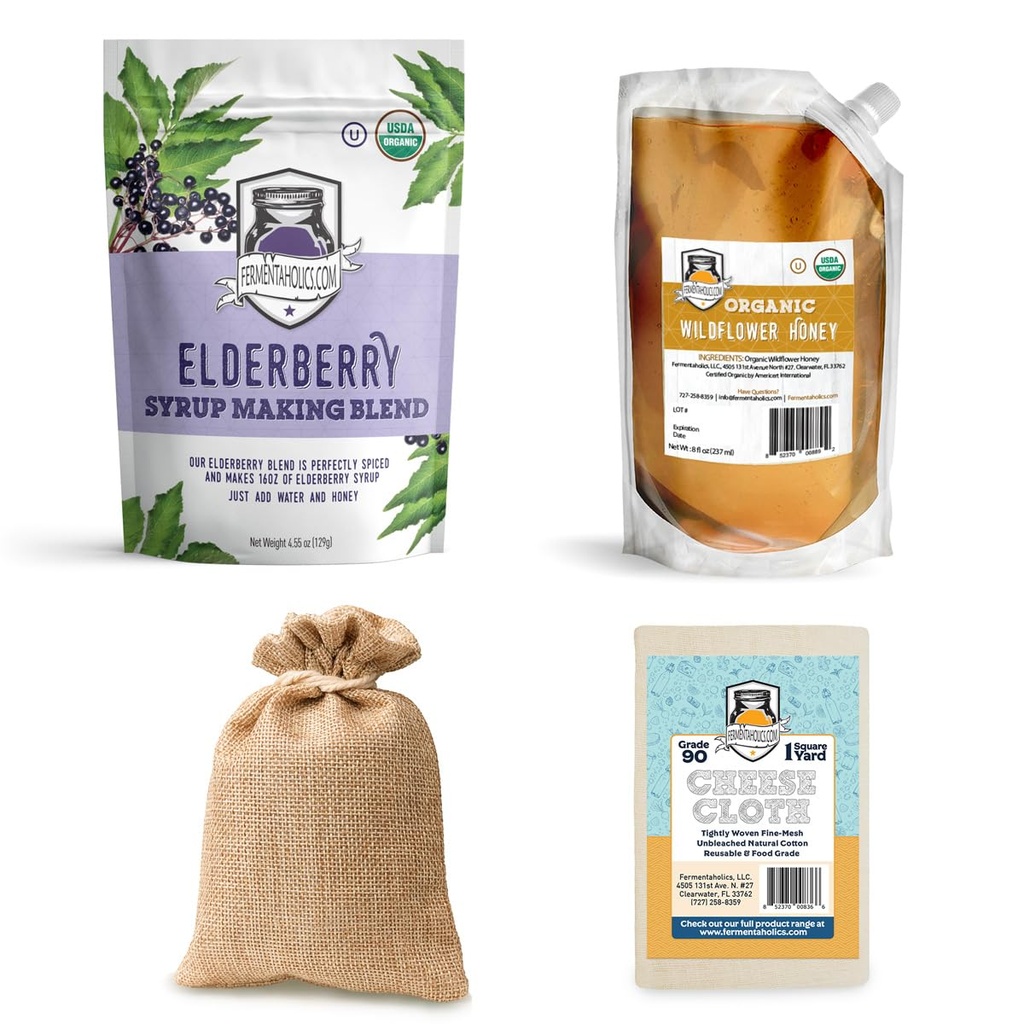 FERMENTAHOLICS USDA Organic Dried Elderberry Syrup Making Kit | Machen Sie einfach Ihre eigenen Elderberry Syrup oder Tee! | Alle natürlichen | Elderberries + Syrup Gewürzmischung + Honig + Käse Cloth | Für Syrup