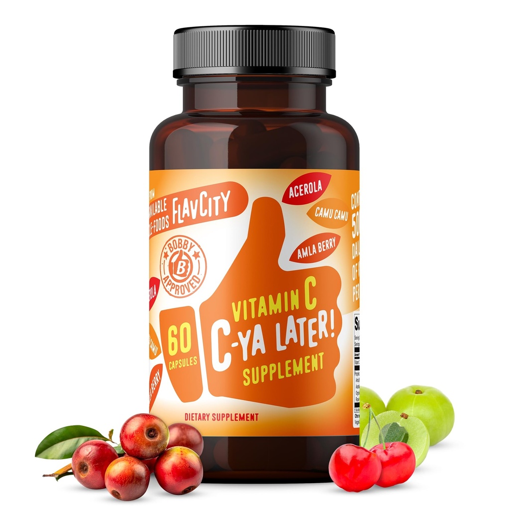 FlavCity Vitamin C Supplement, C-Ya Later! Superfood-Derived Immunity Support - Bioavailable Vitamin C Immune Support from Acerola Cherry, Rose Hips & Camu Camu - 500% Daily Value (60 Capsules)