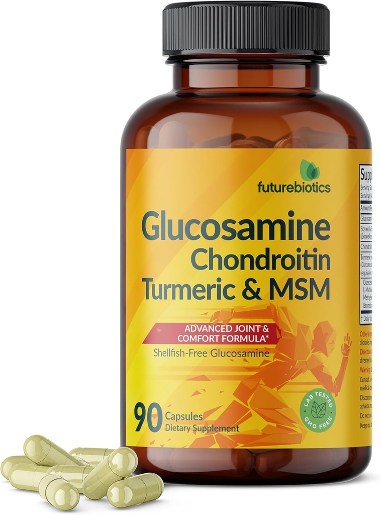 Futurebiotics Glucosamine Chondroitin Turmeric & MSM מתקדם פורמולה משותפת, תומך מפרקים בריאים ניידות - non-GMO, 90 קפסולות