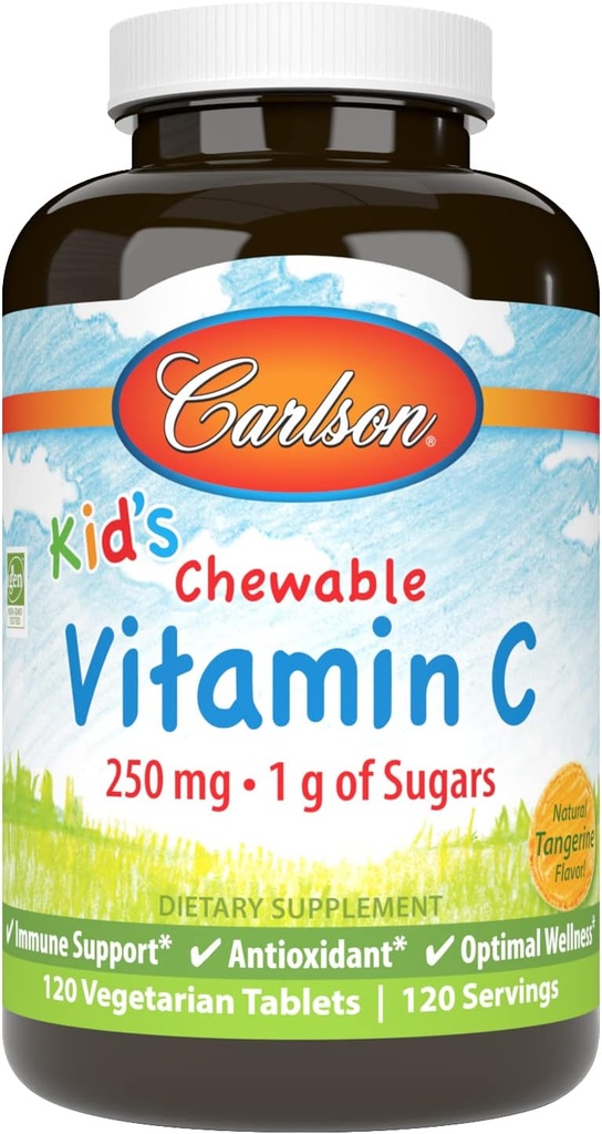 Carlson - Kid 's Chewable C-vitamin, 250 mg, 1 g cukrok, Immun Support & Optimal Wellness, Antioxidáns, Tangerine, 120 vegetáriánus tabletta