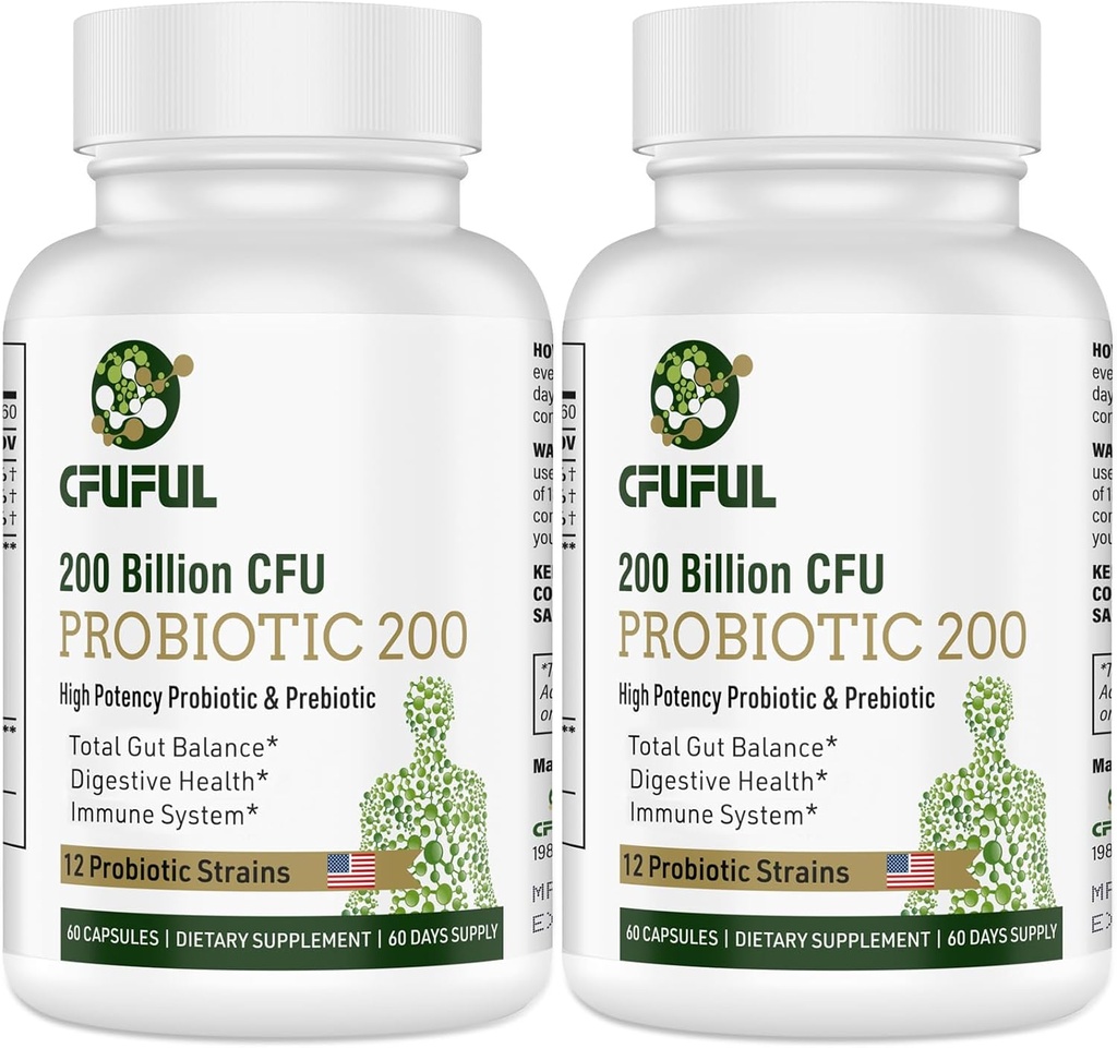 Probióticos para mulleres e homes - 200 Billion CFU 12 Strains Probiotic for Digestive Immune & Gut Health, con suplementos Probióticos prebióticos orgánicos para 120 cápsulas.