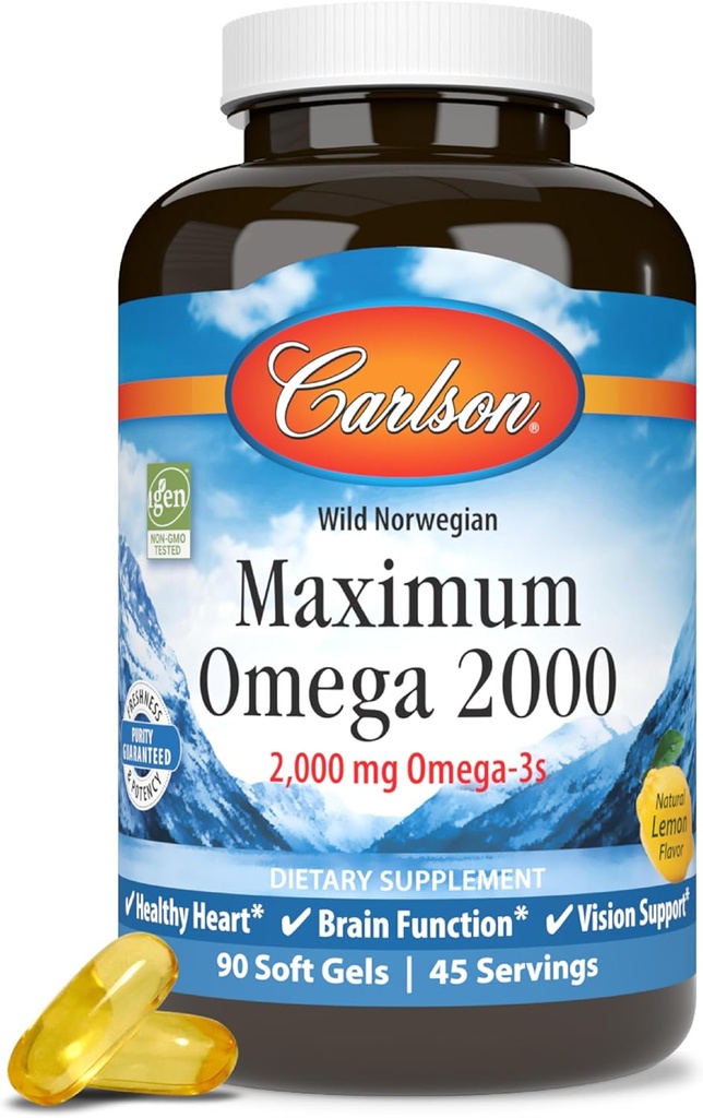 Carlson - Maksimaalne Omega 2000, 2000 mg Omega-3s, Tervislik süda, Ajufunktsioon & Vision Support, Sidrun, 90 pehmet geeli