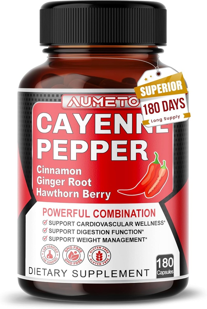 Cayenne Pepper Capsules - Ultra kompleksas su Cinnamon, imbieras, kardamonas, Hawthorn Berry - Parama Digestion, Cirkuliacija & Bendras sveikatingumas (180 Skaičiavimas (Pack of 1))