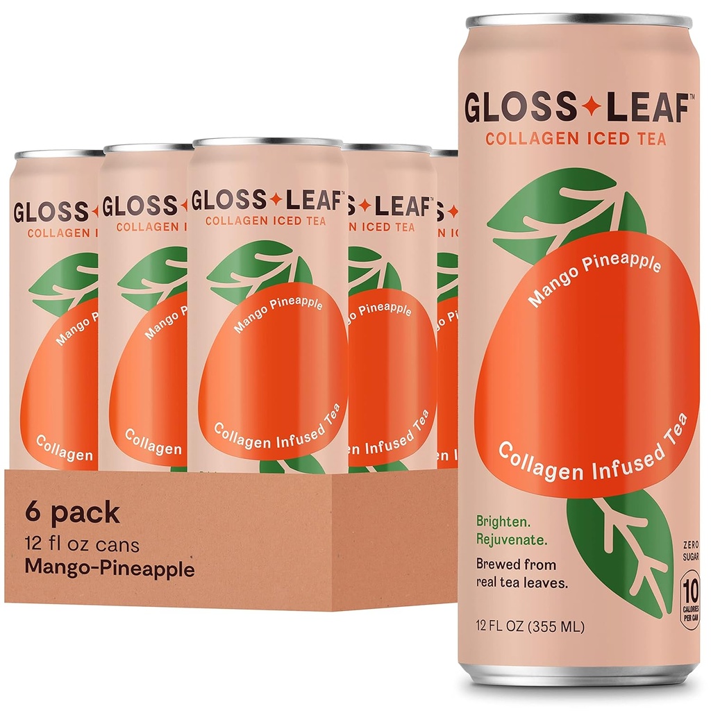 Gloss Leaf Collagen Iced Tea (Zero-Sugar, Mango-Pineapple): Brewed Black Tea with Collagen Peptides Protein & Vitamin C, Beauty & Anti-Aging, 12 Fl Oz, 6 Pack