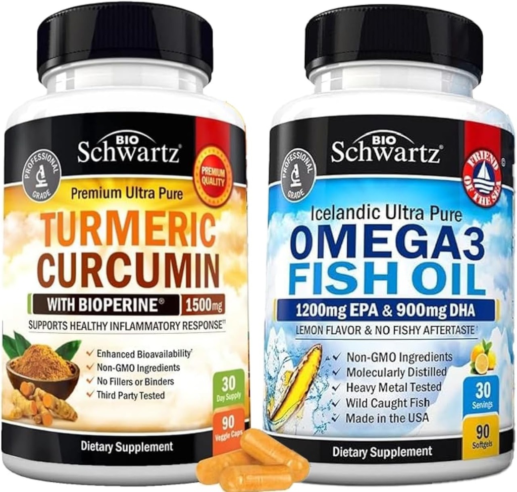 Triple Strength Omega 3 Fish Oil Softgels (1 Month Supply) Plus Turmeric Curcumin with Black Pepper Extract 1500mg Complex (1 Month Supply)