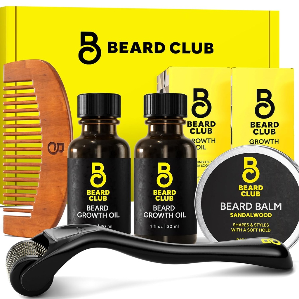 Barbă Club îmbunătăţit Barbă de creştere Kit - Derma Roller, Barbă de creştere ulei (2PK), Santalwood Beard Balm, Comb - Set cadou