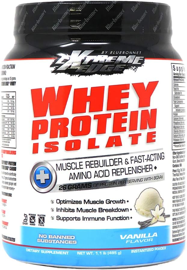 Bluebonnet Nutrition Extrition Edge Whey Protein Isolat, Grass Fed Cows, 26 Grams of Protein, No Sugar Added, Non GMO, Gluten Free, Soy Free, Kosher Dairy, 1 lb, 15 Servilla Flavor