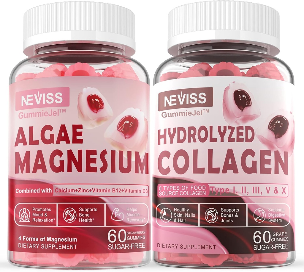 Hydrolysert collagen Gummies + kalsium Magnesium Gummies for voksne - Sukker Gratis, Støtte Sunn Hud Håret Nagler, Bein & Nerve Helse, Muskelfunksjon & Mood