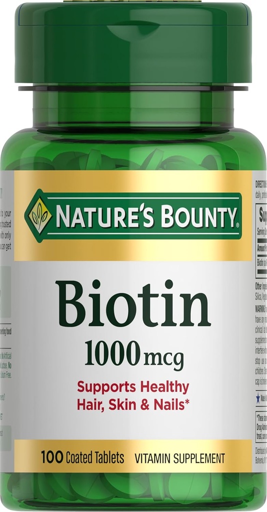 Biotina di Bounty Nature, Supporta il metabolismo per capelli energetici e sani, pelle e unghie, 1000 mcg, 100 compresse