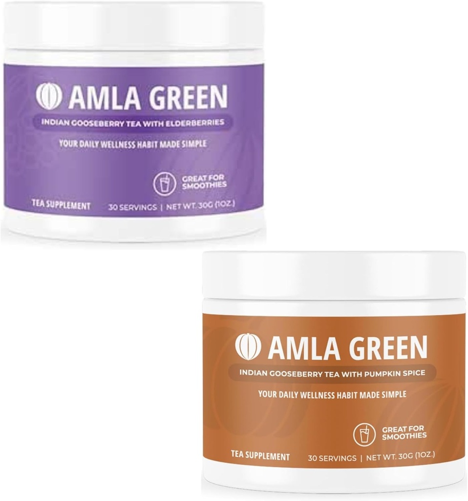 Amla Powder & Green Chá Suplemento Superalimentar com Elderberry & Pumpkin Spice, Orgânico, Vegan, 30 Servings