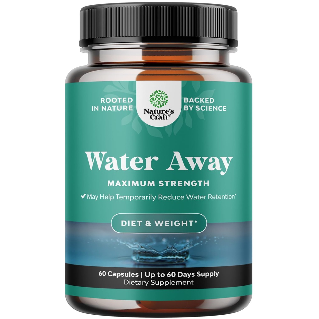 Water Away Supplement for Fast Bloating and Swelling Relief Pure Natural Diuretic Pills Reduce Retention Support Weight Loss Boost Energy Levels - 60 Count