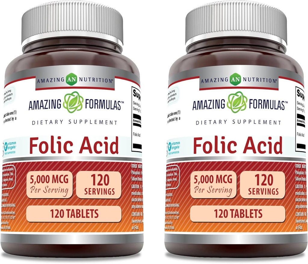 Amazing Formulas Folic Acid supplement ) 5000 Mcg ) 120 Tablets ) Non-GMO ) Gluten Free ) Made in USA (2 Pack)