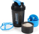 Bouteille Shaker - Protein Shaker Cup avec compartiments de rangement - Bouteilles Shakeout étanches avec mélangeur pour mélange lisse-500ML/16oz (BLUE & BLACK)