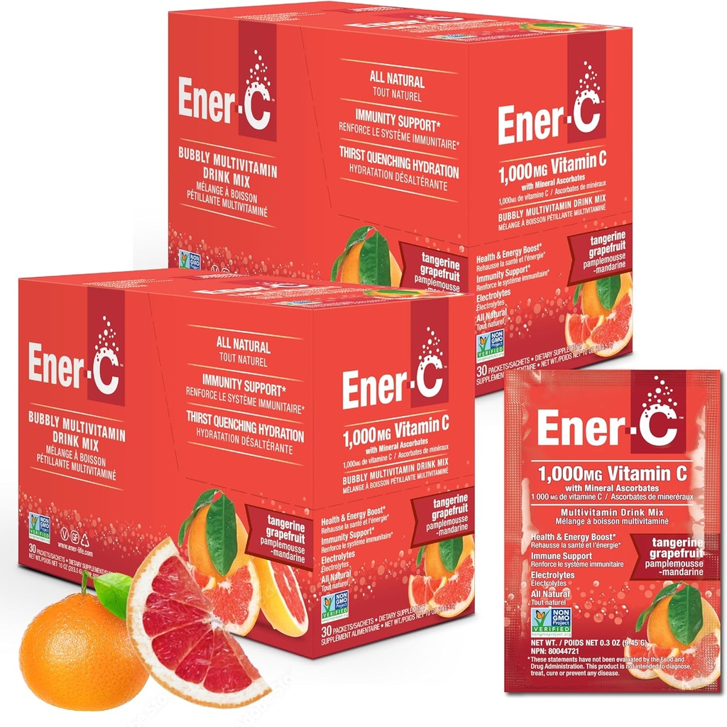 Ener-C Tangerine & Grapefruit Multivitamine Drink Mix, 1000mg Vitamina C, Non-GMO, Vegan, Real Fruit Juice Powders, Natural Imunity Support, Electroliti, Gluten Free, 2-Packs de 30 (60 Count)