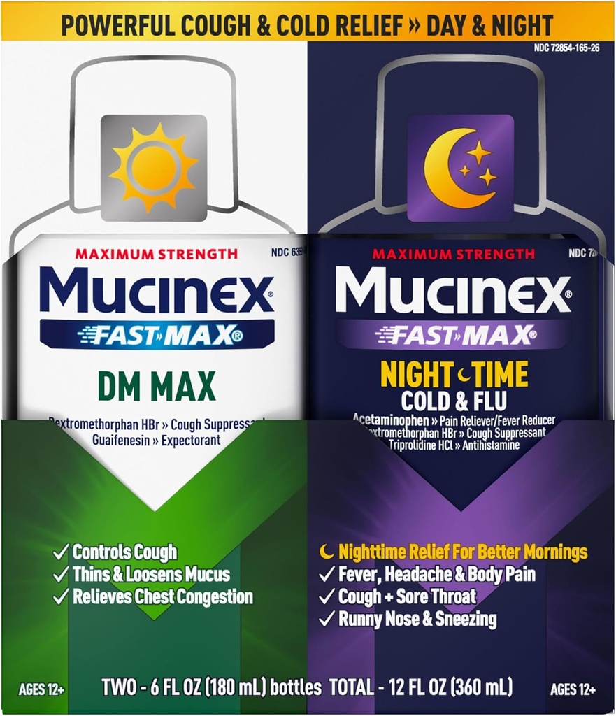 Maximale sterkte Mucinex FastMax DM Max & Mucinex Nightshift Cold & Flu Liquid (2 x 6 fl. oz.) Thins & Loosens Mucus, Relives Cough & Chest Congestie, Pijn, Koorts, niezen, Sore Throat, Runny Neus