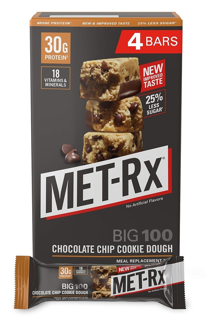 MET-Rx Big 100 Colossal Protein Bars, Great as Healthy Meal Replacement, Snack, and Help Support Energy, Gluten Free, Chocolate Chip Cookie Dough, 100 g, 4 Count (Packaging May Vary)