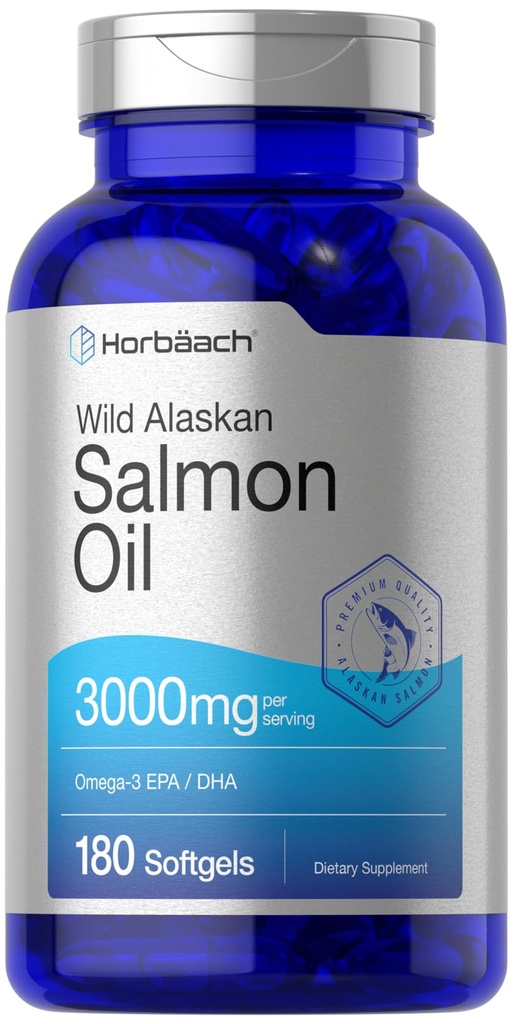Horbäach Wild Alaskan Salmon Fish Oil 3000mg | 180 Softgel Capsules | High Potency Omega-3 EPA and DHA | Non-GMO & Gluten Free