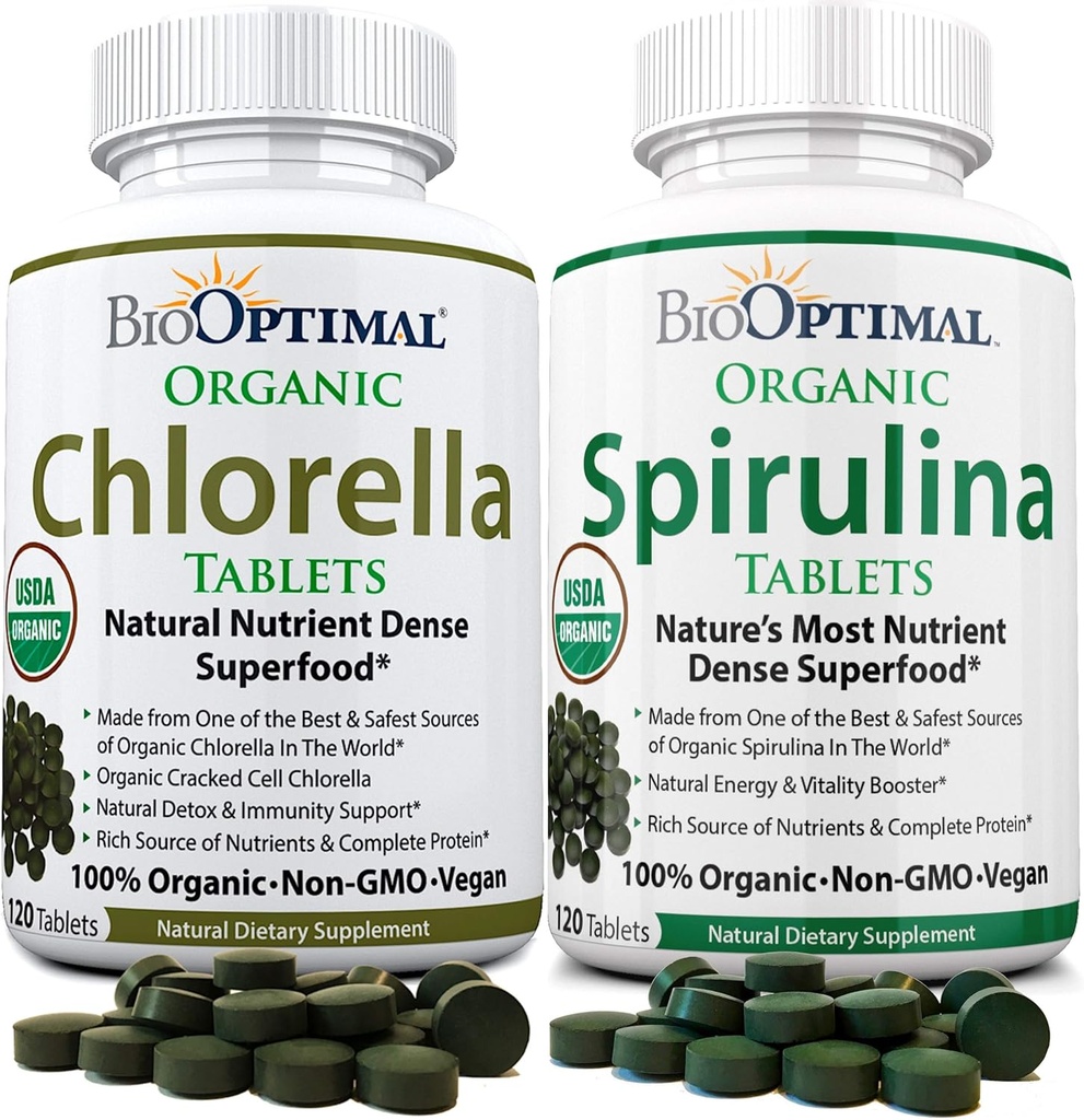 BioOptimal Chlorella Spirulina - Bundle - 有机Chorella片与有机Spirulina片,每片120个计数,Premium质量4 有机认证