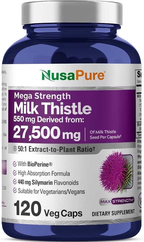 NusaPure Milk Thistle 50:1 Extract, 550 mg echivalent cu 27500 mg 120 Veggie Capsule Non-GMO, Vegan Max Putere - Standardizat 80% Silymarin, Bioperine