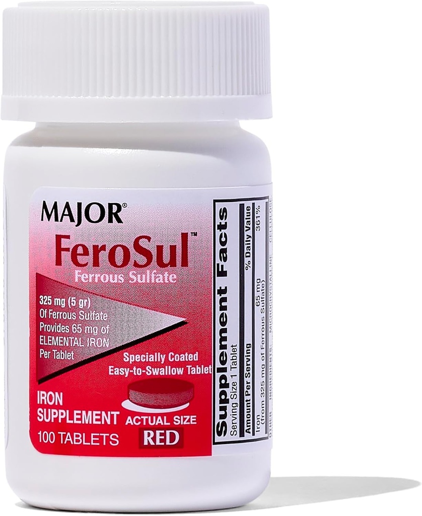 Major Ferosul - Ferrous Sulfate 325mg Tablets with 65mg of Elemental Iron - Iron supplement for Women, Men - Red - 100 Tablets - Pack of 1