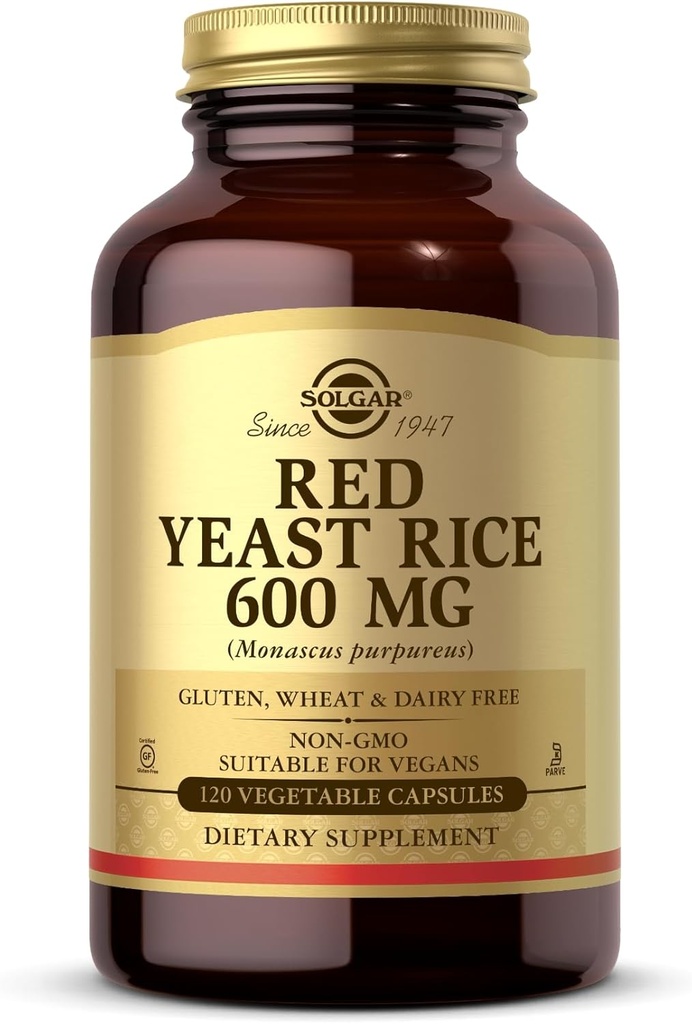 Solgar Red Yeast Rice 600 mg - 120 Vegetabiliska kapslar - Non-GMO, Vegan, Gluten & Dairy Free, Kosher - 60 portioner