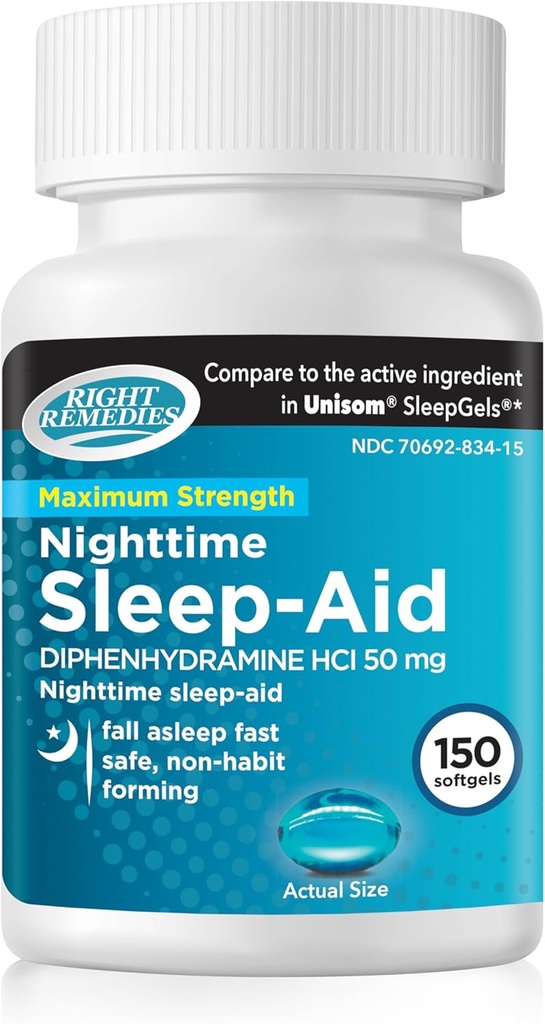 Nighttime Sleep Aid Softgels, (150 softgels), Diphenhydramine HCI 50 mg, Fall Asleep Fast, Supports Deeper, Reful Sleep