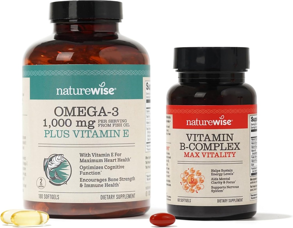 NatureWise 1000mg Omega 3 600mg EPA 400mg DHA with Vitamin E 180ct & Vitamin B Complex for Cellular Energy 60 Softgels [29]