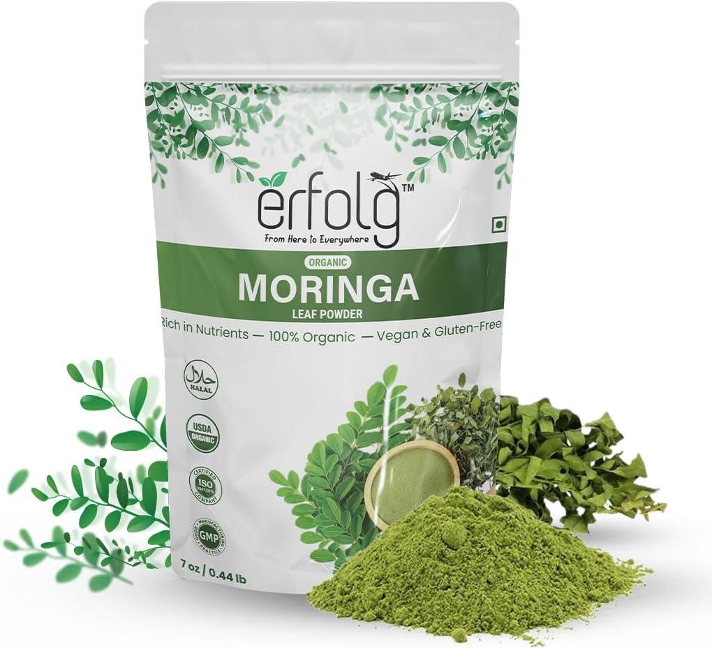 Erfolg 100% Organic Moringa Oleifera Leaf Powder | 7 oz - 0.44lb | Rich in Nutrients, Vegan & Gluten-Free, Rich in Antioxidants & Immune Vitamin | Moringa Drink | Moringa Tea