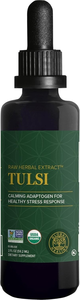 Global Healing Center - Organic Tulsi (Holy Basil Leaf Extract) Vegan Liquid Supplement Drops (Organic Basil) - Biodostupný Herb pre normálnu stresovú reakciu, prírodná energia a imunitná podpora
