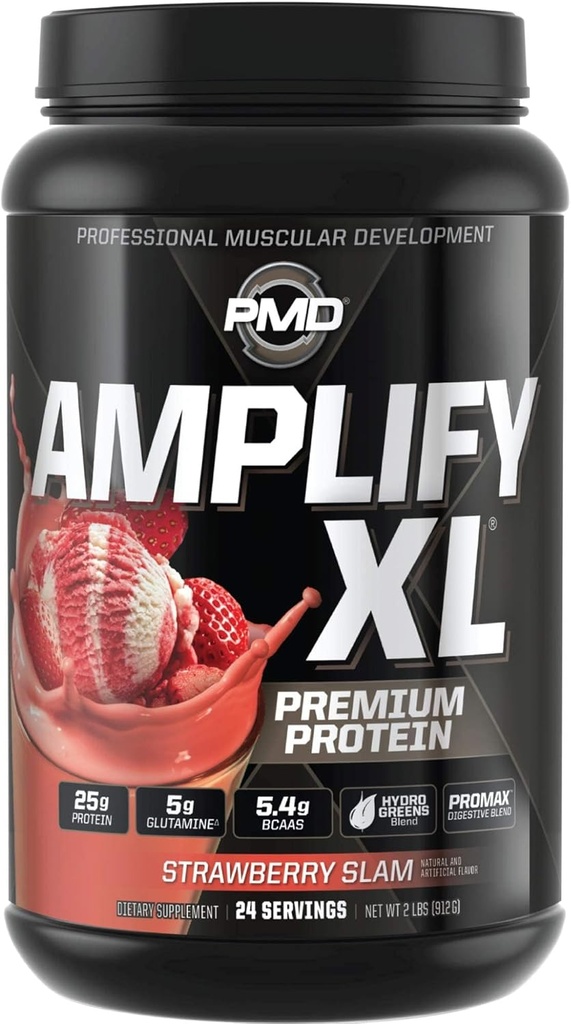 PMD Sports Amplify XL Premium Whey Protein Supplement Hydro Green Blend - Glutamin og Whey Protein Matrix med superfood til muskel, styrke og inddrivelse - Jordbær Slam (24 Servere)