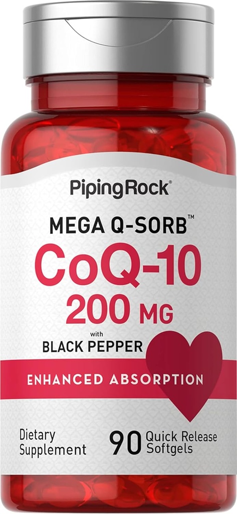 Piping Rock CoQ10 200mg Softgels | 90 Count | Supplement for Women and Men | With Black Pepper Extract | Non-GMO, Gluten Free