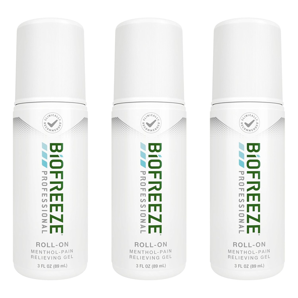 Biofreeze Professional Pain Relief Roll For Diz,Boy, Hip, Joint, & Omuz, Basit Backache Pain Reliever, Sore Muscle Relief, Roll-On Menthol Gel 3 Fl Oz (Paket 3 )