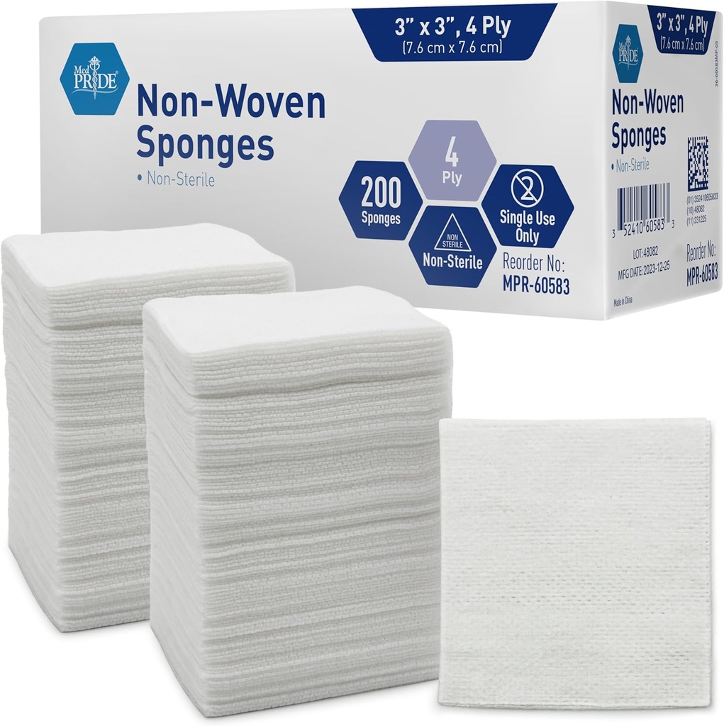 MED PRIDE 3x3 in Gauze Pads 200 Pack, Nonsterile, 4 Ply, Nonadherent Mesh Bandages, 흡수성 부상 치료 Dressing Sponges