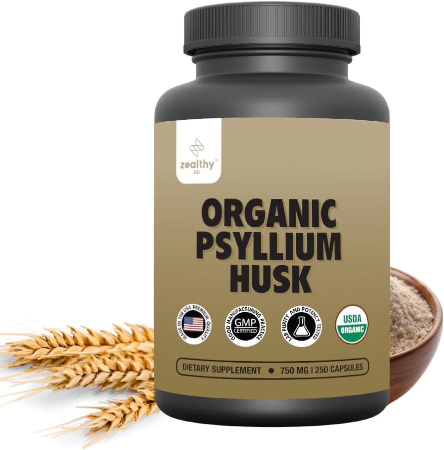 Organico Psyllium Husk Capsule 750 mg, Natural Fiber Supplement per Gut Health* - alternativa a Psyllium Husk Powder, Zealthy Life, 250 capsule