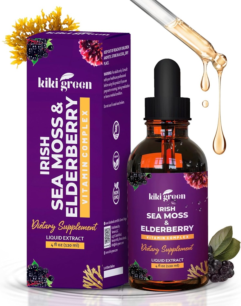 KIKI Green Irish Sea Moss + Elderberry Drops - Ultra concentrado Sea Moss Suplemento de Raw Sea Moss e Elderberry para soporte inmune, asistencia sanitaria, 2 Fl Oz